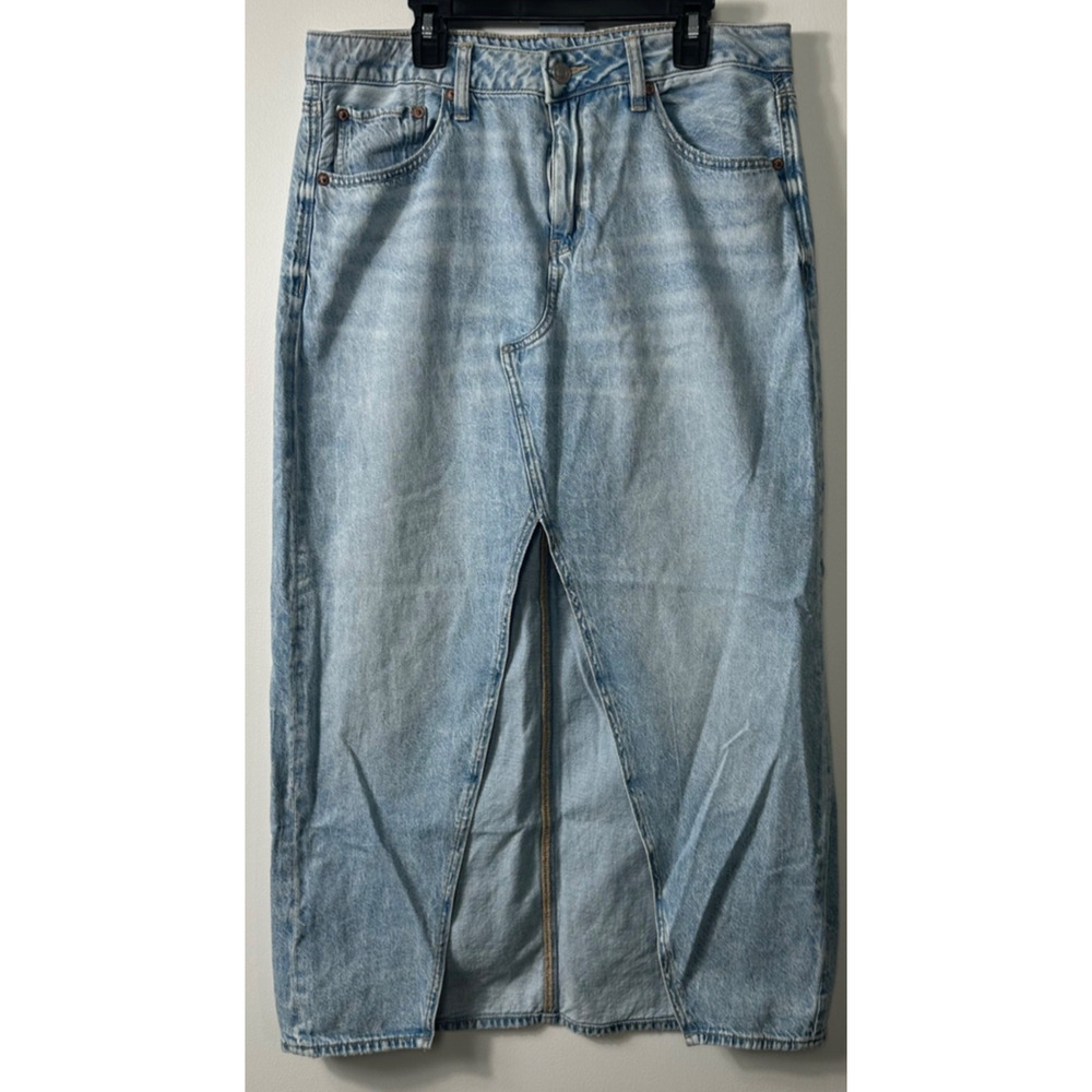 American Eagle 8 Low Rise Womens Light Wash Denim Maxi Skirt With Slit Y2K D48